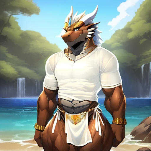 hi res,(((dragon, furry))), (  ), anthro, , , ((((long loincloth)))), ((((lingerie bikini, s\ex\y bikini, side-tie panties, tiny black thong)))), (((( male,  , anthro, slim, skinny, )))), male, , anthro, , slim, Skinny, tail, adults, mature, (((male))), (((((((((solo))))))))) outside, plant, standing, sea, tree, (water), detailed background,by milkytiger1145,by takemoto arashi,by null-ghost, cold atmosphere, open smile, soft  blush, , (((((((((((wearing white tshirts))))))))))), (((((((((muscular thighs, thick thighs, wide hips))))))))), (((((golden accessory, loincloth accessory, loincloth jewelry, jewels and ornaments for loincloth, s\ex\y loincloth, belly dancer outfit, long pelvic curtain, narrow loincloth)))))