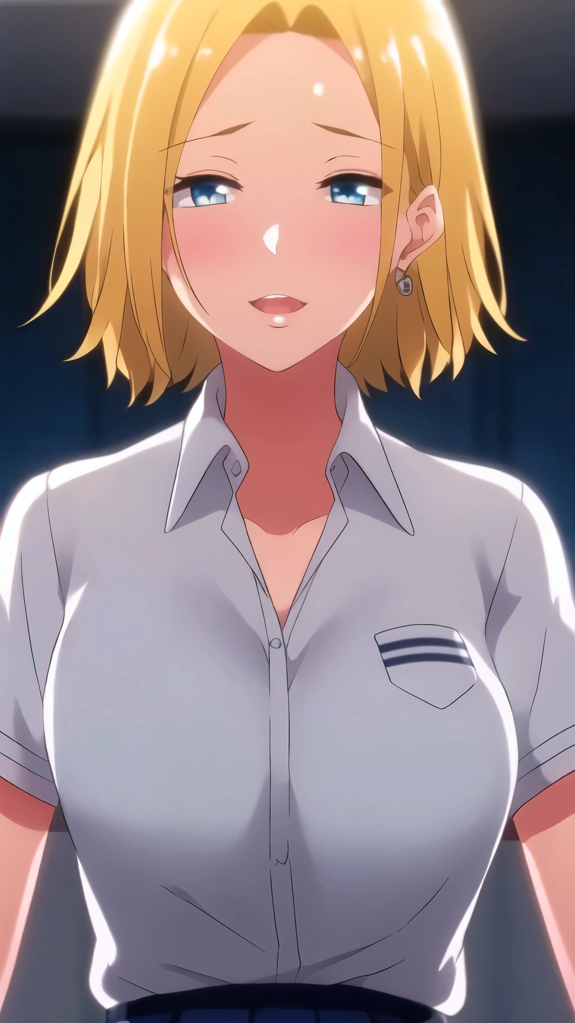 cleavage,school_uniform,white shirt,collared shirt, Blue_pleated_skirt, jewelry,collarbone, blonde hair, blue eyes,short hair 1 girl, 20yo,Young female,Beautiful Finger,Beautiful long legs,Beautiful body,Beautiful Nose,Beautiful character design, perfect eyes, perfect face,expressive eyes, looking at viewer, in the center of the image,(light_smile:0.5), official art,extremely detailed CG unity 8k wallpaper, perfect lighting,Colorful, Bright_Front_face_Lighting,shiny skin, (masterpiece:1.0),(best_quality:1.0), ultra high res,4K,ultra-detailed, photography, 8K, HDR, highres, absurdres:1.2, Kodak portra 400, film grain, blurry background, bokeh:1.2, lens flare, (vibrant_color:1.2) (Beautiful,large_Breasts:1.0), (beautiful_face:1.5),(narrow_waist)