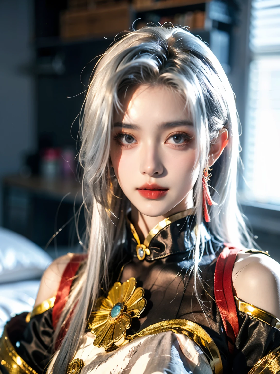 8k，artwork，Modern Hanfu,clavicle, ((Bare shoulders)), ((Full breasts)), Practical, Fashion girl, red lips, Become a, cosmetic, big eyes, beautiful eyes, , ((Upper Body)), (best quality, masterpiece:1.2), Super detailed, (Practical:1.37), ((clavicle)), beautiful, young and energetic, Charming model with (Exquisite eyes, Detailed lips, extremely Exquisite eyes), Show a bright smile, Create stunning girl images, warm color, Very high color saturation, Official Art, Extremely detailed CG unified 8k wallpaper,(High Dynamic Range :1.4), (ish),(Soft colors, The color is dull, Soothing tone :1.3), (Natural skin texture, ultra-Practical, Soft Light, sharp),(Very detailed), night, moonlight, ((on the bed))，Exquisite face，The gaze is disdainful，The face of the royal sister，Delicate face，Being held by the neck，White hair，（Close-up of face）