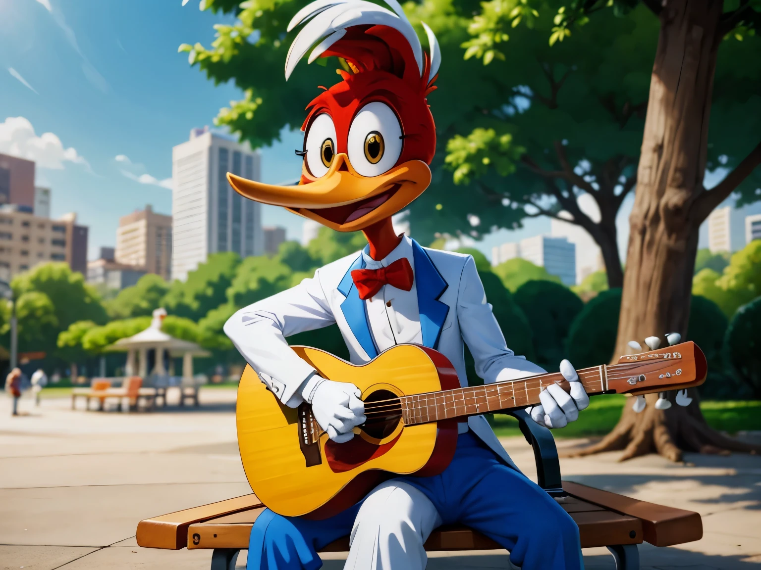 walter lantz woody woodpecker wearing white tuxedo and white panama hat, playing guittar, sitting on a park bench in São Paulo, 60's cartoon style, digital art, 8k