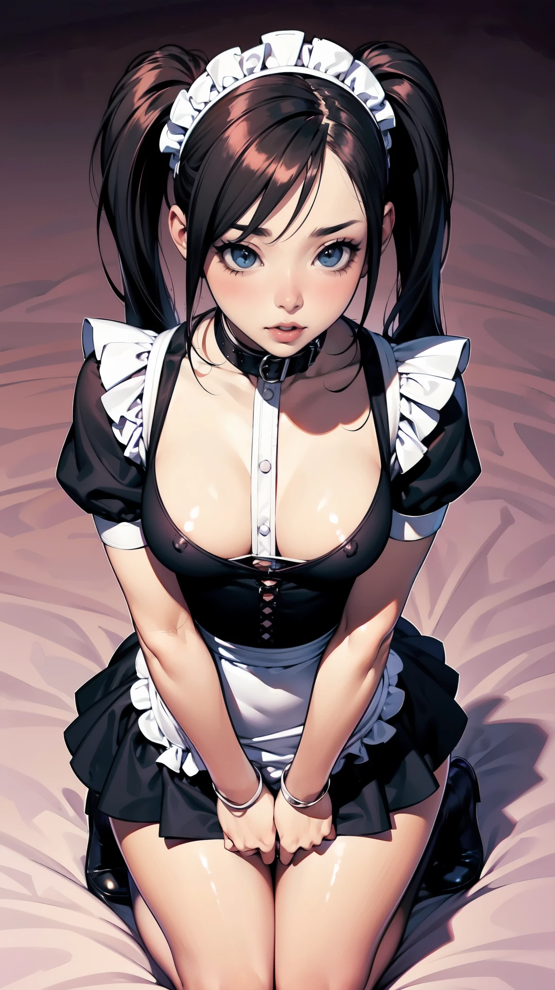 Babe, Beauty, maid, (big kink collar), cute, (submissive:1.8), teengirl, short girl, small girl, (look at me), big eyes, sexy maid wear, pigtail hair, envergonhada, cute, inocente, maquiagem carregada, escrava, submissa
