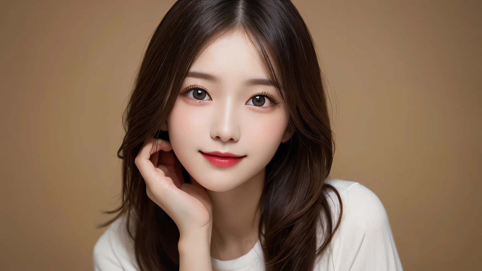 on the table, best quality, shape, Super detailed, Finely, high resolution, 8k wallpaper, 完璧なダイナミックな構shape, Beautiful and delicate eyes, Medium Length Hair, Small Breasts, Natural lipstick, Casual sexy pose,Smile,20 year old girl、midnight、Beautiful and detailed face、Perfect beautiful face,big eyes、original photo、Beautiful and delicate eyes、Small face、Beautiful duplex、Facelift and style,shirt、Beautiful golden ratio face,Long hair