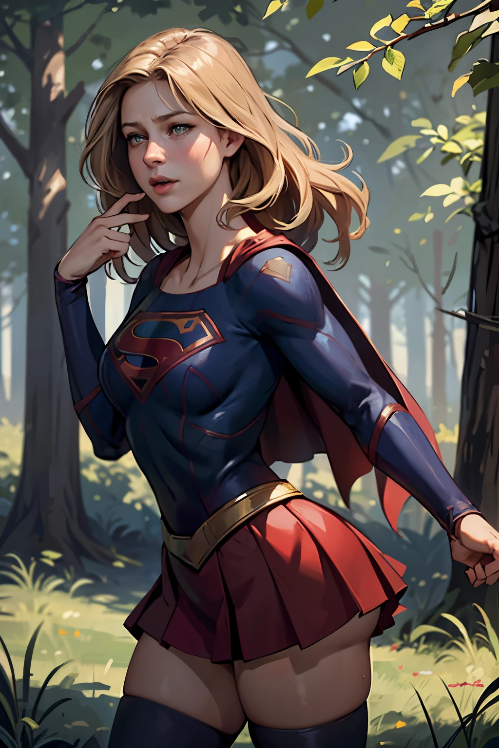 ((highest quality)), ((masterpiece)), (be familiar with), (High definition), (Realistic), (Realistic), (Best Shadow), Low contrast, (Complex:1.4), Side lighting, 8K, ((melissa Benoist)), ((SUPER GIRL)), Perfect Face、Detailed、(Accurate hand and finger depiction)、supergirl women、Blonde、Voluptuous body、(Large Breasts)、Narrow waist、(Big Ass)、Alluring、glamorous、((Putting a hand to your mouth))、(Shame:1.2)、(Embarrassed expression:1.3)、Flushing、sweating、On the grass、in the deep forest、blue sky、Close-up of face