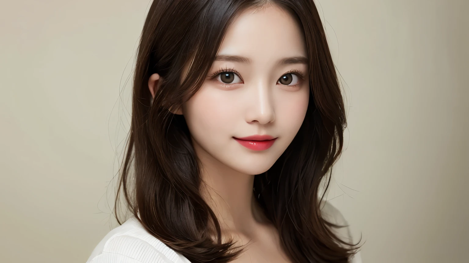on the table, best quality, shape, Super detailed, Finely, high resolution, 8k wallpaper, 完璧なダイナミックな構shape, Beautiful and delicate eyes, Medium Length Hair, Small Breasts, Natural lipstick, Casual sexy pose,Smile,20 year old girl、midnight、Beautiful and detailed face、Perfect beautiful face,big eyes、original photo、Beautiful and delicate eyes、Small face、Beautiful duplex、Facelift and style,shirt、Beautiful golden ratio face,Long hair