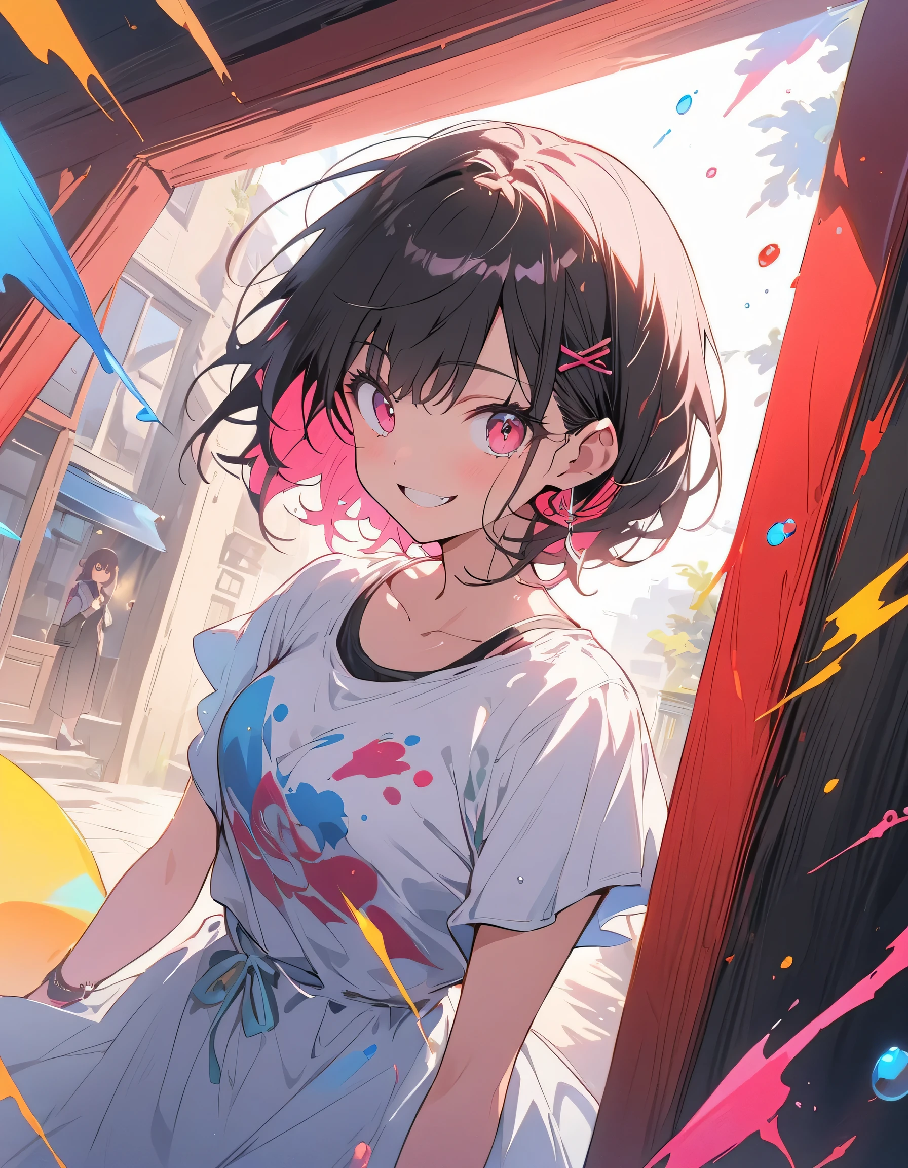 (highest quality、masterpiece、High resolution、detailed)、Anime Style、Flat Style、(Shine eyes、Beautiful Face),  BREAK,1 girl、(Short Bob Hair、Dark pink hair、Light blue inner color、mesh)、Casual Coordination、floating, (High saturation), (Colorful Splash), Colorful bubbles, (Shine), Focus on the face,extremely detailed、floating, (High saturation),(The Shining), Best lighting, Best Shadow、Peck finger, ((masterpiece)), highest quality, One girl, eye shadow, Full Body,Dynamic Angle、 Portraiture, 