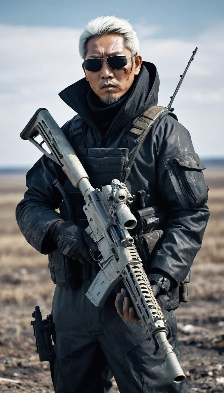 (Akós Major style), desolate wasteland landscape, futuristic, post-apocalyptic, (a swarthy Asian gangster uncle with an M82A1 sniper rifle), with a stoic expression, tight-fitting stealth suit, thick eyebrows, short silvery-white hair, bloodstained weather-beaten face, wielding a heavy weapon with a bandage wrapped around his head, Setting: devastated Siberia after a nuclear catastrophe, or snow-covered snowy plains of the Northeast,...