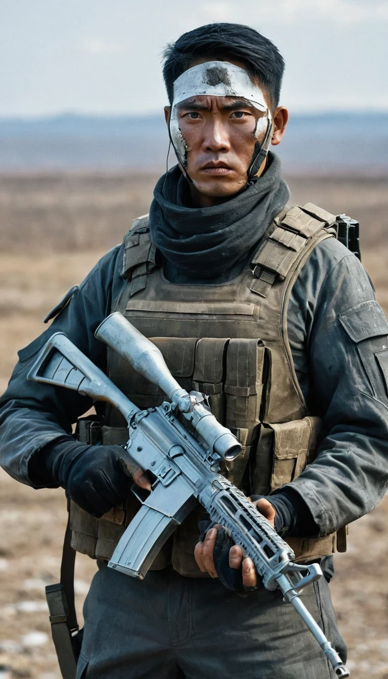 (Akós Major style), Desolate wasteland landscape, Futurism, Post-apocalyptic, (A dark-skinned、Asian uncle soldier holding M82A1), With a stoic expression, Tight invisible suit, Thick eyebrows and thick eyes, Silver short hair, weathered face, Bandage on head，Hand holding heavy weapons, background: Siberia devastated by nuclear disaster, Or the snowy plains of the Northeast.