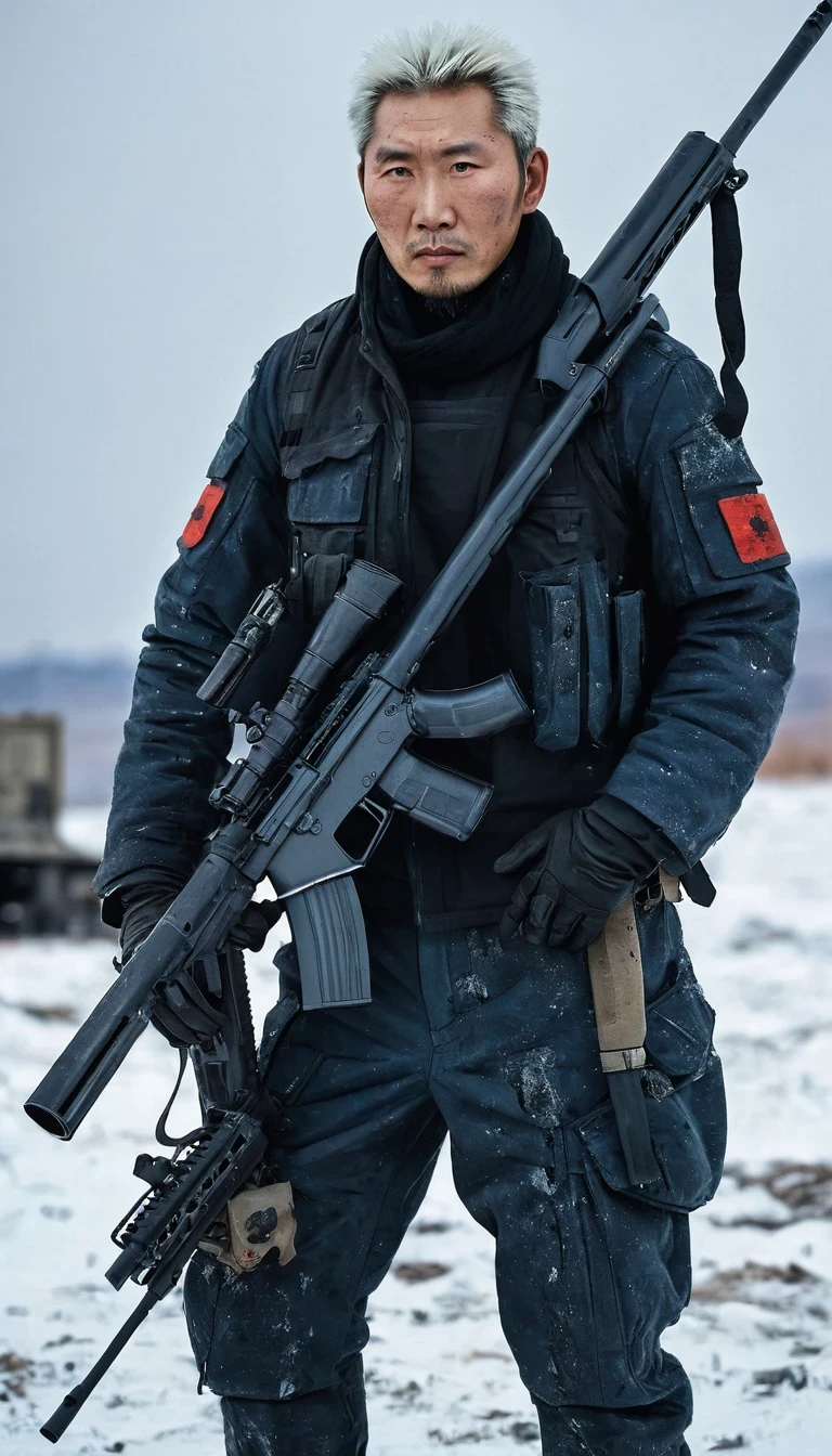 (Akós Major style), desolate wasteland landscape, futuristic, post-apocalyptic, (a swarthy handsome Chinese uncle with an M82A1 sniper rifle), with a stoic expression, tight-fitting stealth suit, thick eyebrows, big eyes, short silvery-white hair, bloodstained weather-beaten face, heavy weapon in hand, bandages wrapped around his head, background: a snow-covered snowfields in devastated Siberia or the North-East, after a nuclear disaster.