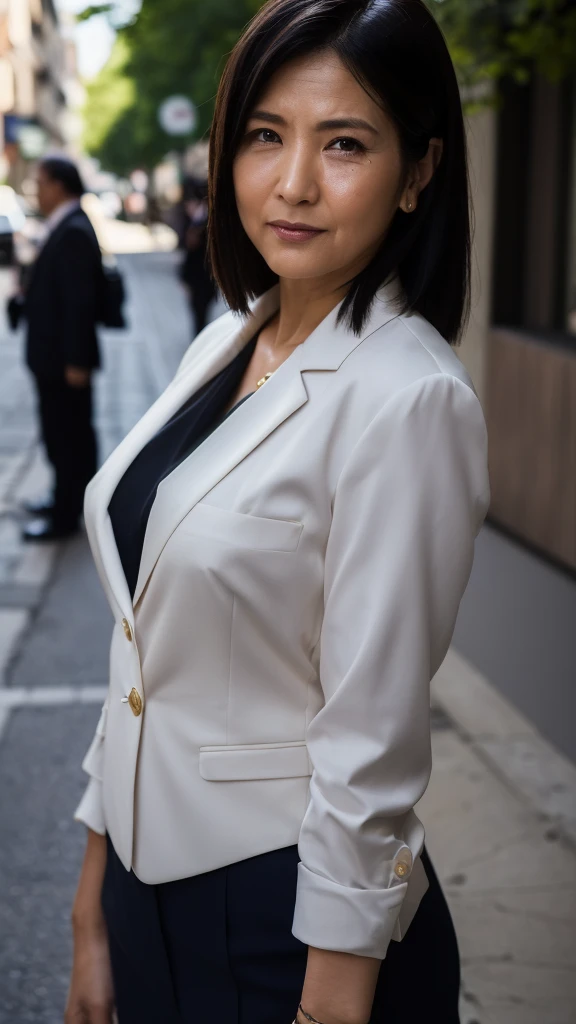 ((highest quality)), ((8K)), ((Masterpiece: 1.3)), (Perfect appearance), (Photorealism: 1.6), (One woman in a suit standing on the sidewalk), Cityscape , Sunny, Morning, Cityscape, Sunny morning, Japanese woman, 47 years old, (Realistic skin texture)), (Overall skin fine lines: 1.3), (Skin dullness: 1.1), (Skin without moisture) : 1.2), (Wrinkles on the face: 0.9), (Wrinkles at the corners of the eyes: 1.2), Double eyelids, Tear bag on the lower eyelid, (Crying mole: 0.9), Eyes are facing towards me, Serious look, ( Dimples: 1.2), bowtie blouse,, suit woman, white silk suit, (whole body: 1.4),