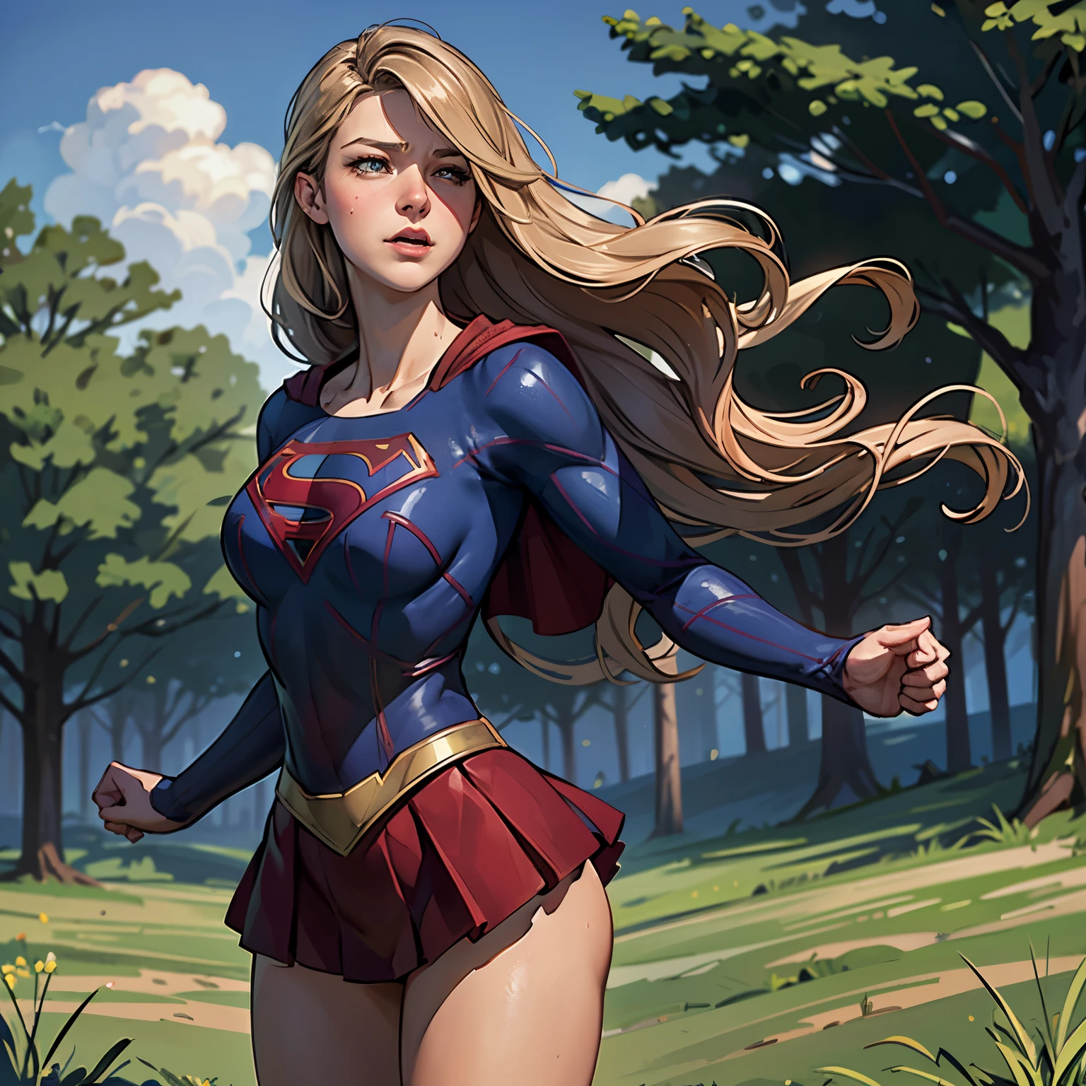 ((highest quality)), ((masterpiece)), (be familiar with), (High definition), (Realistic), (Realistic), (Best Shadow), Low contrast, (Complex:1.4), Side lighting, 8K, ((melissa Benoist)), ((SUPER GIRL)), Perfect Face、Detailed、(Accurate hand and finger depiction)、supergirl women、Blonde、Voluptuous body、(Large Breasts)、Narrow waist、(Big Ass)、Alluring、glamorous、((Putting a hand to your mouth))、(Shame:1.2)、(Embarrassed expression:1.3)、Flushing、sweating、On the grass、in the deep forest、blue sky、Close-up of face