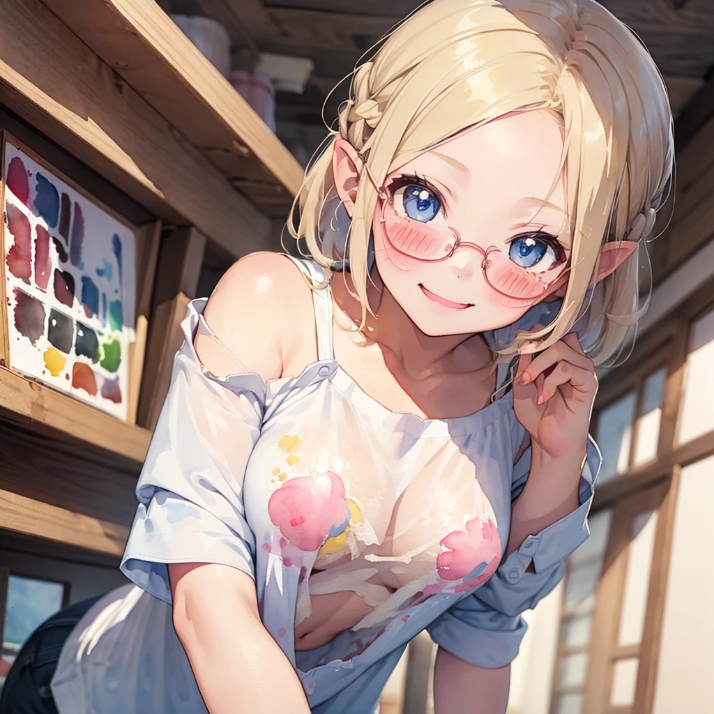 ((watercolor:1.2)), ((:1.5)), solo, ((oversized shirt)), shirt, off shoulder, forehead, blue eyes, beautiful detailed eyes, glossy blonde hair, short hair, braid, glasses, pointy ears, ((blush:1.5)), bra line, happy smile, ((leaning forward:1.5)), head rest