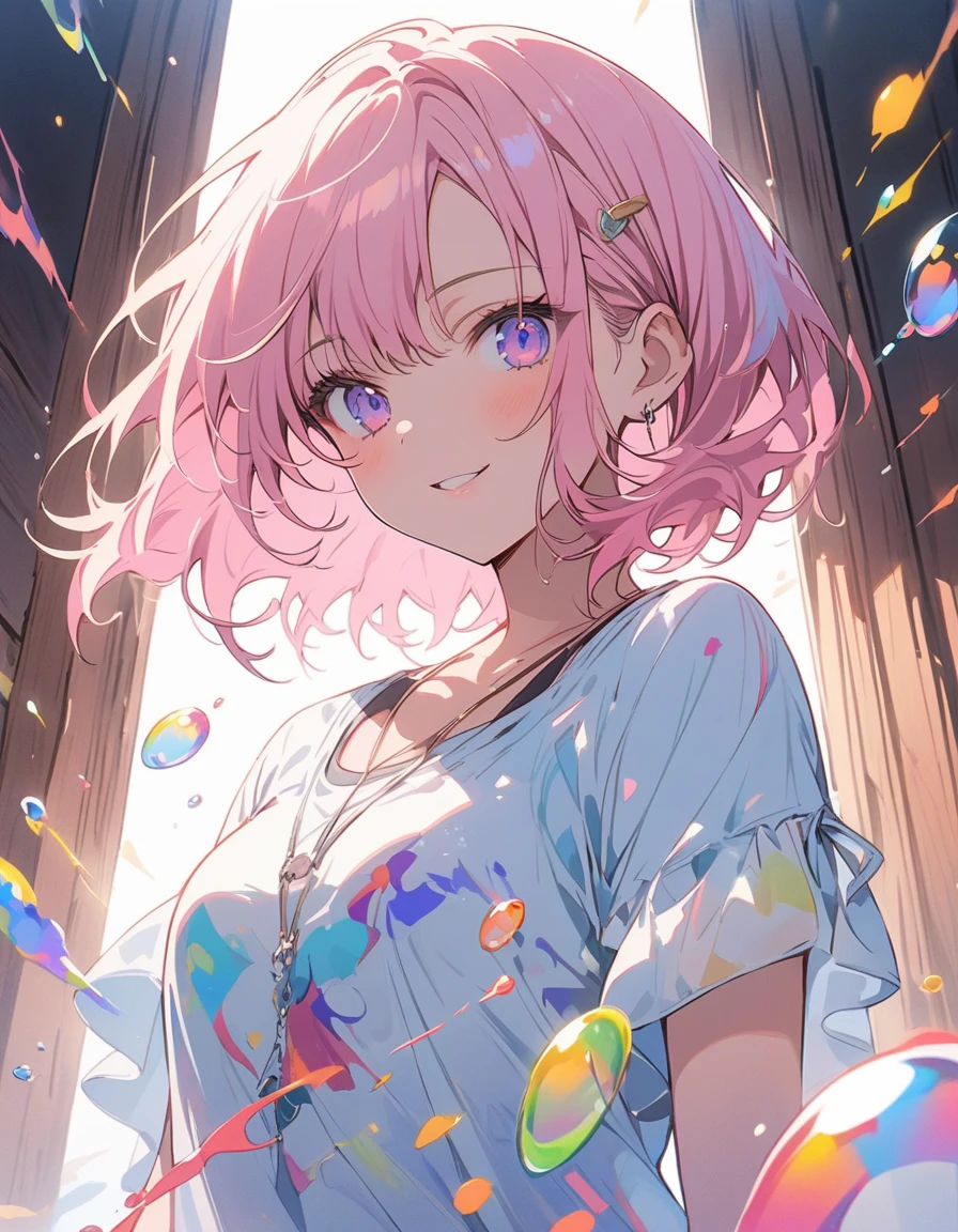 (highest quality、masterpiece、High resolution、detailed)、Anime Style、Flat Style、(Shine目、detailed美しい顔),  BREAK,1 girl、(Short Bob Hair、Dark pink hair、Light blue inner color、mesh)、Casual Coordination、floating, (High saturation), (Colorful Splash), Colorful bubbles, (Shine), Focus on the face,extremely detailed、floating, (High saturation),(The Shining), Best lighting, Best Shadow、Peck finger, ((masterpiece)), highest quality, One girl, eye shadow, Full Body,Dynamic Angle、 Portraiture, 