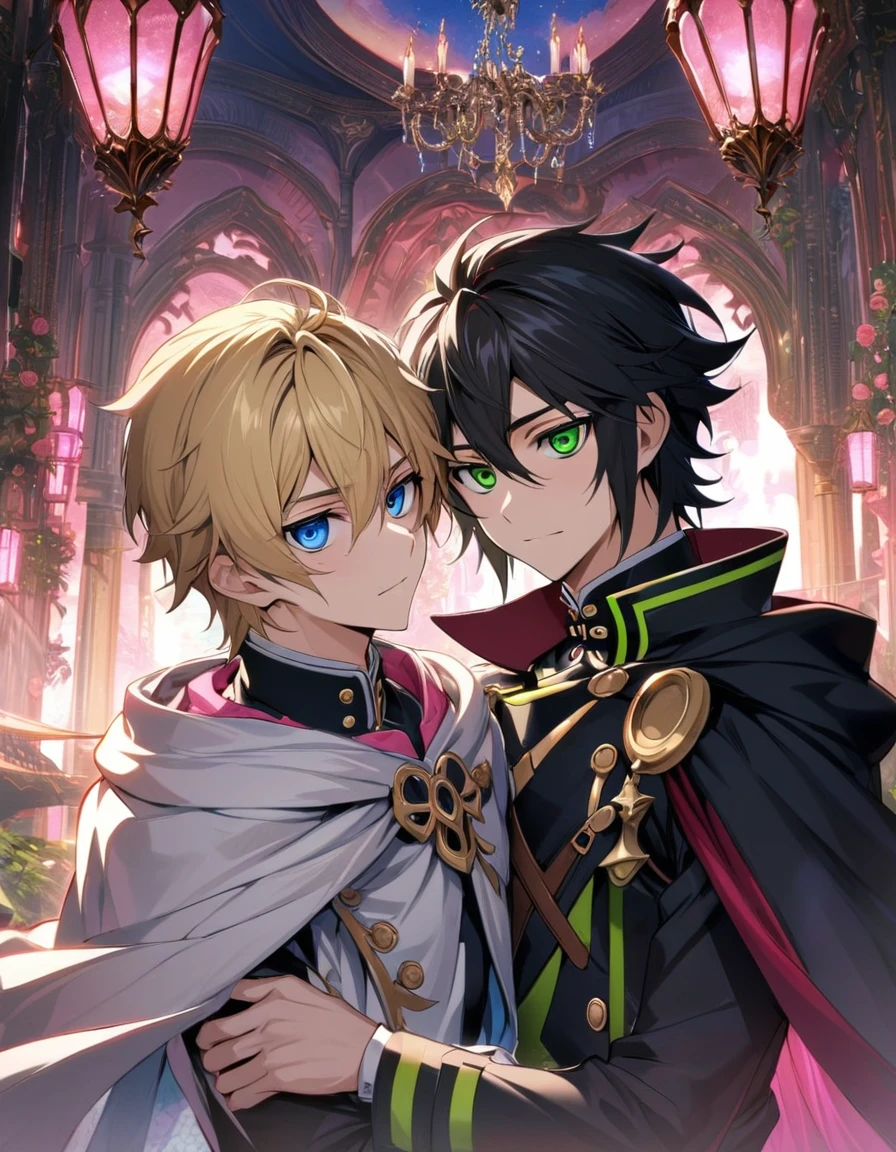 absurdres, highres, ultra detailed, HDR, masterpiece, extremely detailed face and eyes, beautiful eyes, amazing detailed eyes, extremely detailed features, Hyakuya Mika, blond hair, expressive blue eyes, Owari No Seraph, Hyakuya Yu, black hair, expressive green eyes, two men together, gay couple, handsome, fantasy world, pink roses, pink curtains, shining pink lanterns, chandelier, sky, pink moon, fantasy white and black prince clothes, black and white cape, patterns
