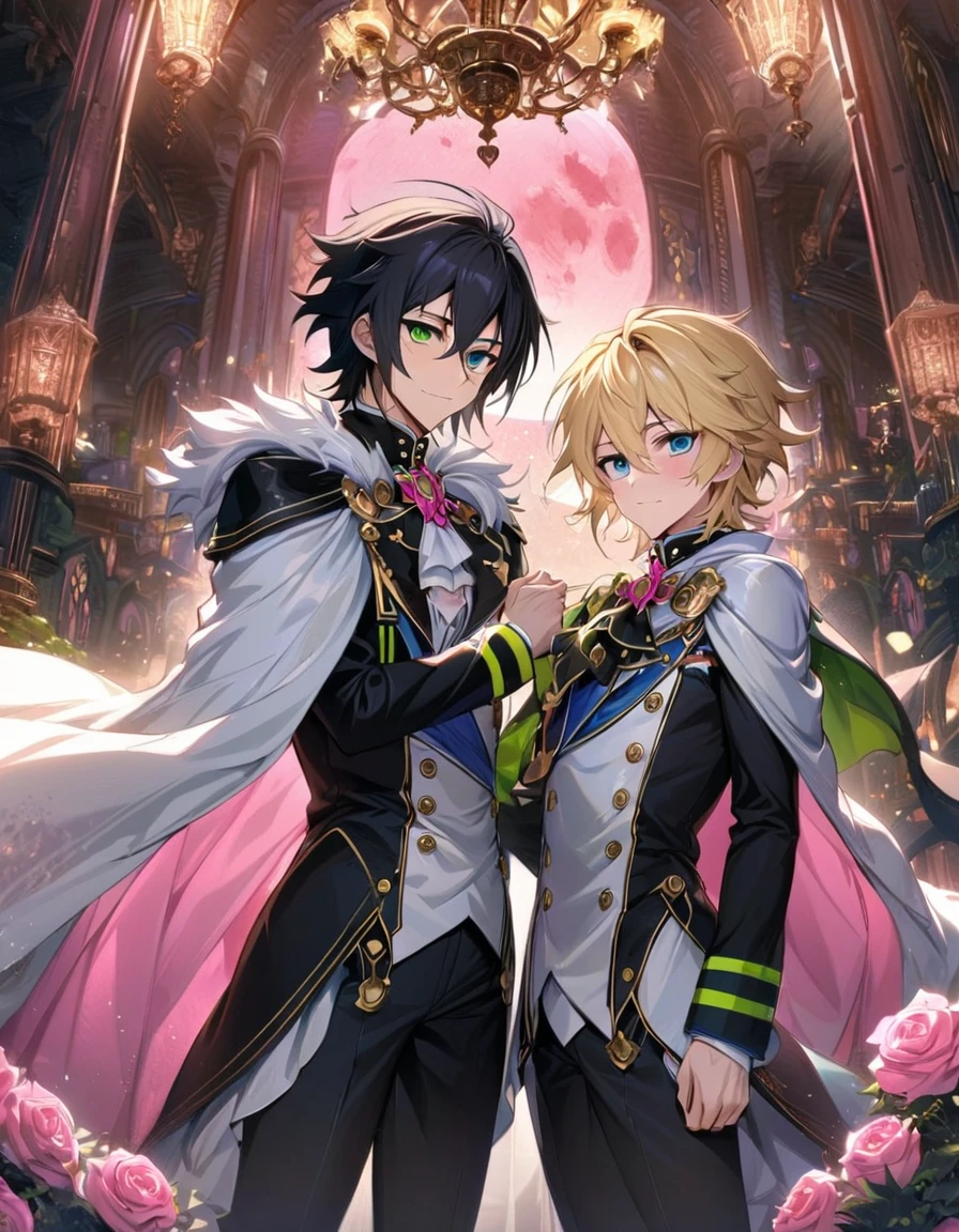absurdres, highres, ultra detailed, HDR, masterpiece, extremely detailed face and eyes, beautiful eyes, amazing detailed eyes, extremely detailed features, Hyakuya Mika, blond hair, expressive blue eyes, Owari No Seraph, Hyakuya Yu, black hair, expressive green eyes, two men together, gay couple, handsome, fantasy world, pink roses, pink curtains, shining pink lanterns, chandelier, sky, pink moon, fantasy white and black prince clothes, black and white cape, patterns