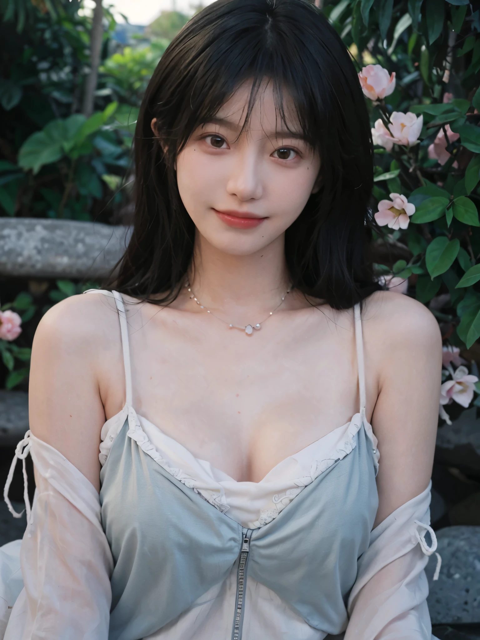 best qualtiy， Ultra-high resolution， （realisticlying：1.4），cute hairpin，Baoyu Girl， （flatchest：1.2），A pair of clear and moving peach blossom eyes,Royal Sister，sunshine on face，with long coiled hair，（ln the forest：1.4），（choker necklace：1.2），（Fair skin：1.4），（full bodyesbian：1.2）a sense of atmosphere，a beauty girl， ssmile，head straight-looking at viewer， closeup cleavage ，(Photorealistic:1.4),1girll,Sexy,(Upper body:1.4),(Wet body),(:1.2)