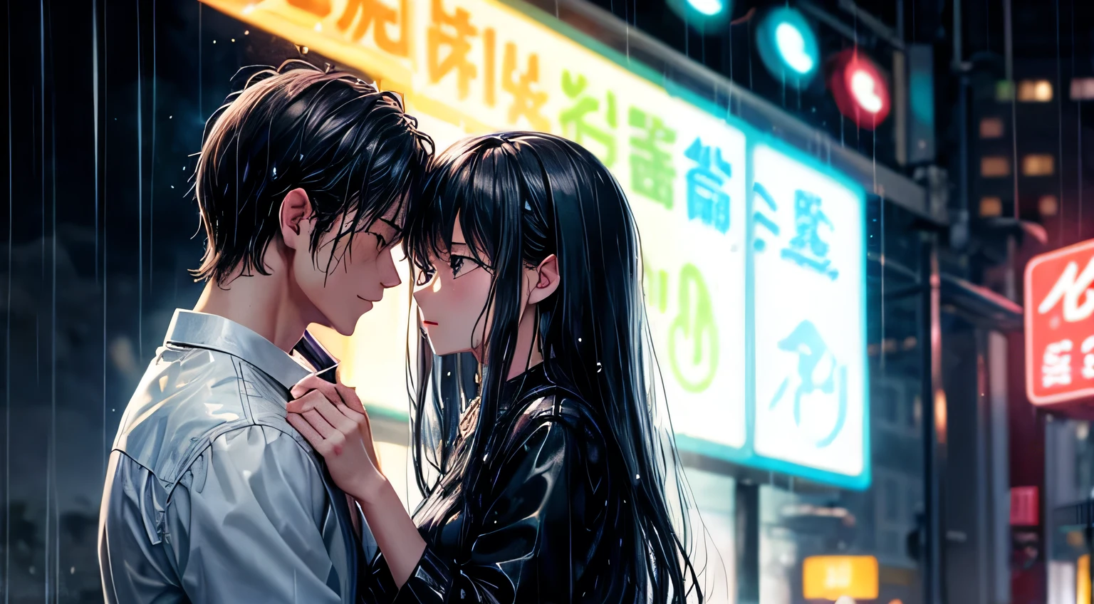 in the rain、Man and woman gazing at each other、Neon Light、Raindrops、Rain-soaked hair、Perfect facial expression、Perfect hair description、