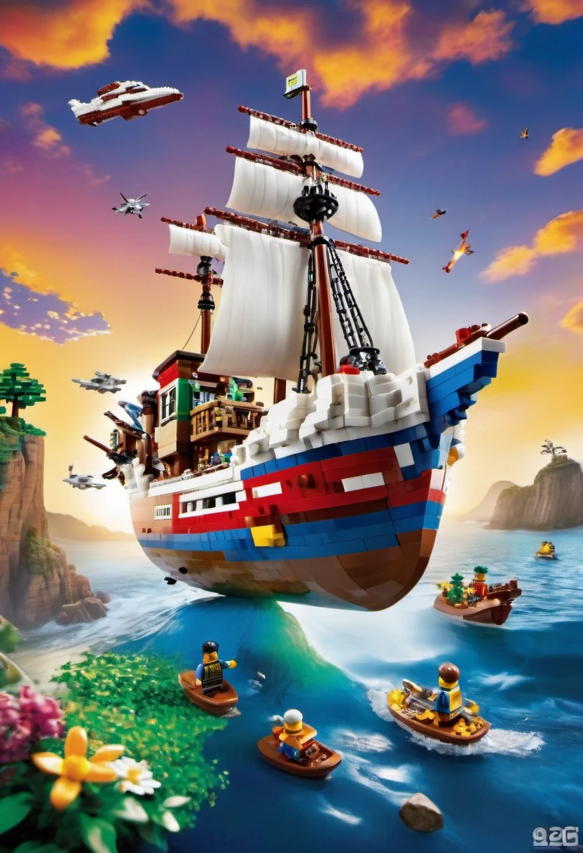 (Magazine cover :1.2)(best quality, high resolution, Lego ship floating in the sky，cliff