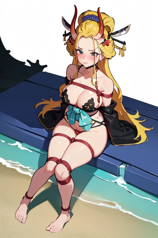 gefesselte Arme, (Arms behind the back:1.5), (blush:1.8), ((gefesselte Handgelenke, Ankle with rope)), ((Arms behind the back)), ((Shibari over clothing)), Fesselung mit Seil, 4k quality, verlegener gesichtsausdruck, anatomisch perfekt, blackmaria, lipstick, hair stick, hair flower, horns, japanese clothes, black kimono, off shoulder, earrings, cleavage, (sitting on a beach:1.6), (full body:1.6)