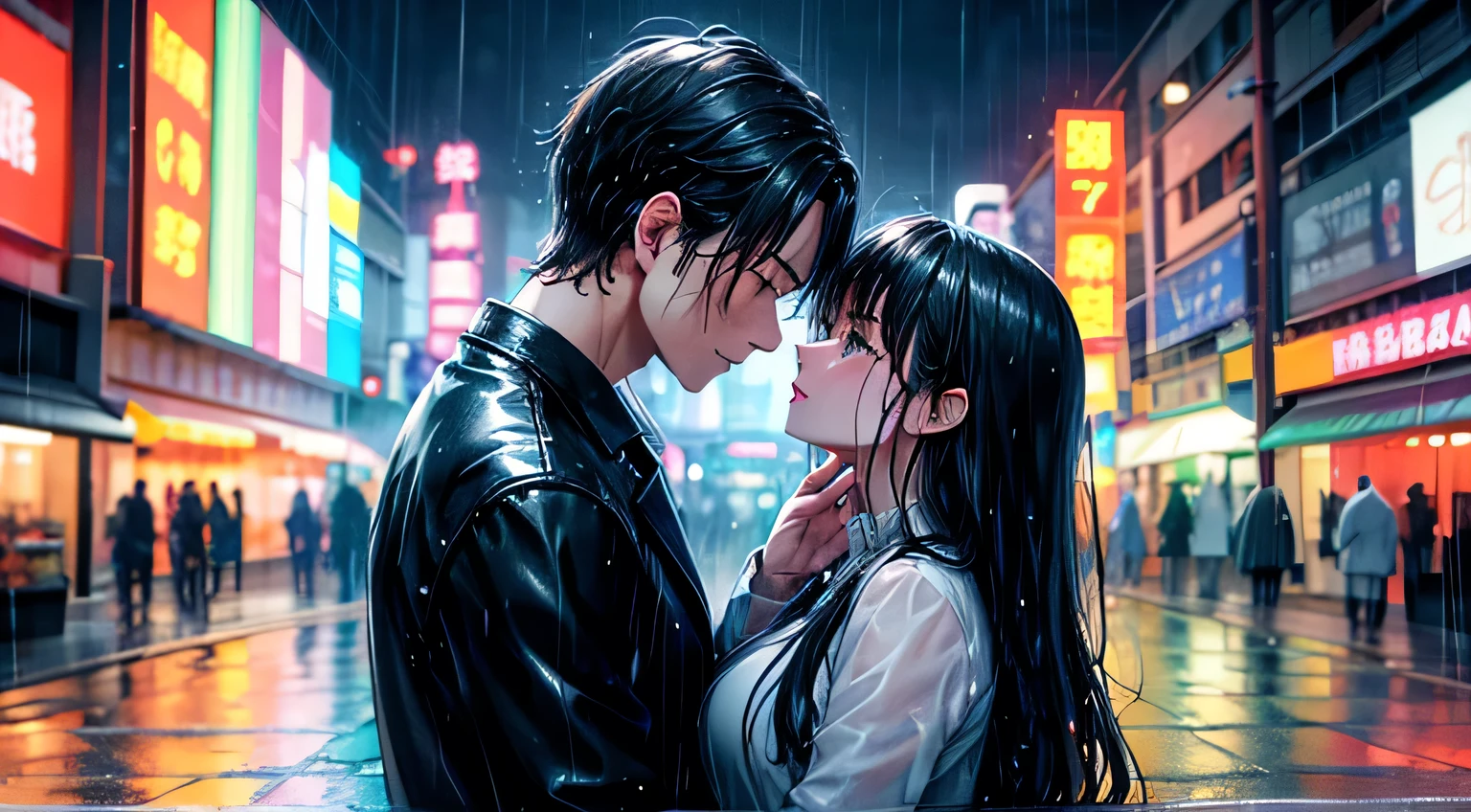 in the rain、Man and woman gazing at each other、Neon Light、Raindrops、Rain-soaked hair、Perfect facial expression、Perfect hair description、