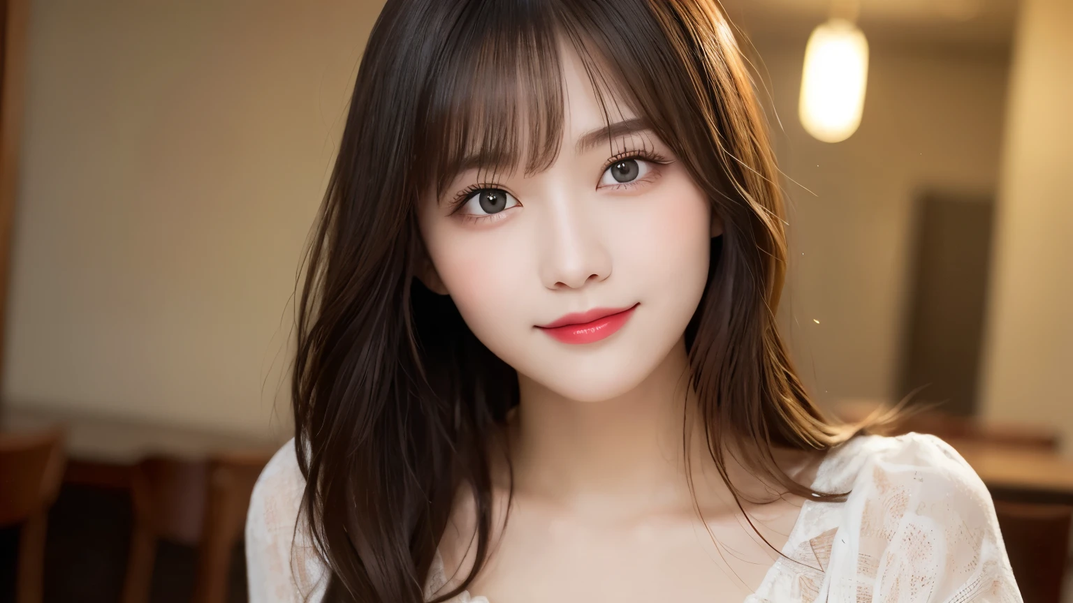 on the table, best quality, shape, Super detailed, Finely, high resolution, 8k wallpaper, 完璧なダイナミックな構shape, Beautiful and delicate eyes, Medium Length Hair, Small Breasts, Natural lipstick, Casual sexy pose,Smile,20 year old girl、midnight、Beautiful and detailed face、Perfect beautiful face,big eyes、original photo、Beautiful and delicate eyes、Small face、Beautiful duplex、Facelift and style,dress、Beautiful golden ratio face,Long hair