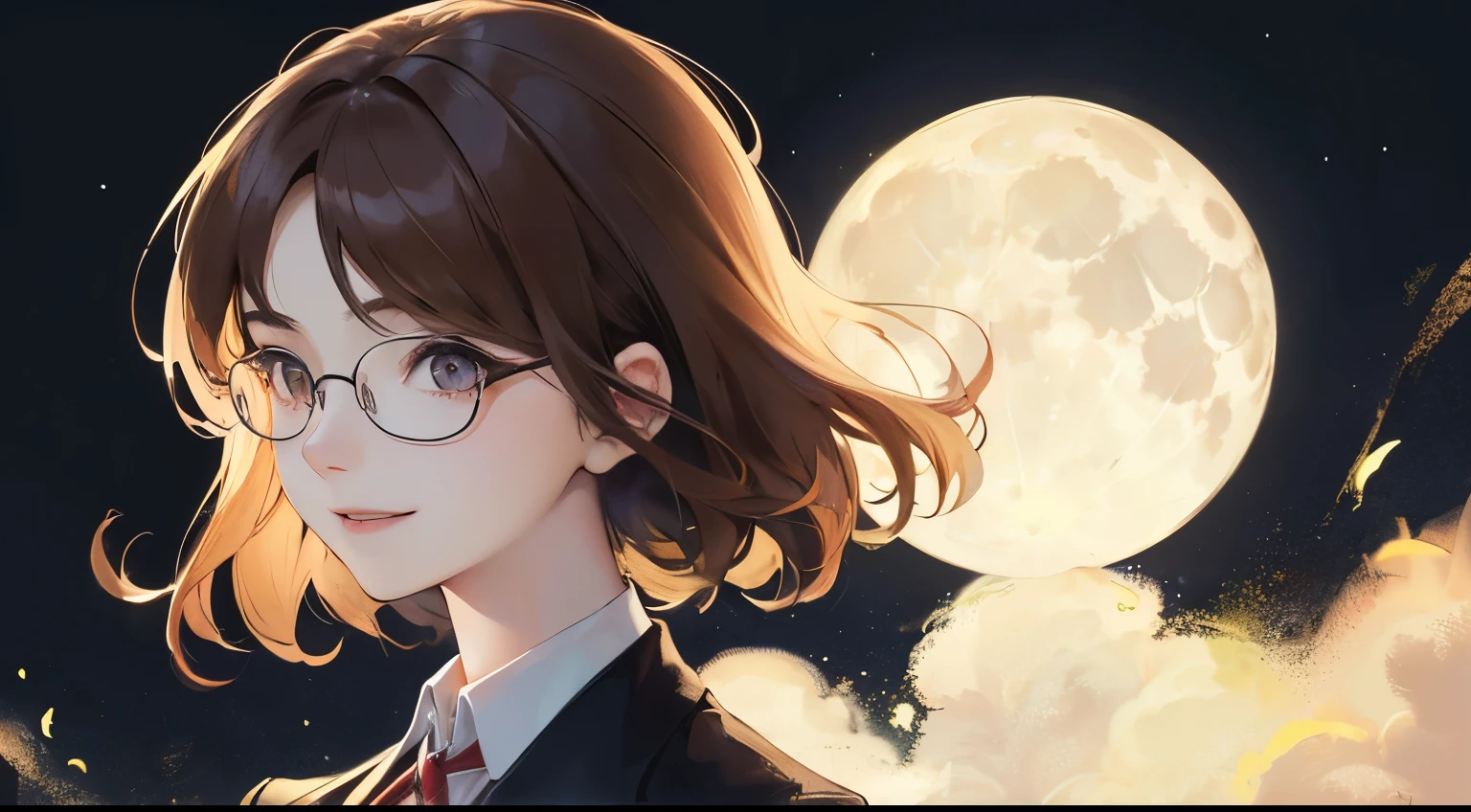 (((1 personの少女)))、((1 person)),Masterpiece,best quality, ((Smile))), ,(((Night background and one moon)))、,((Shirt and suit jacket))、(Glasses)),、determined expression, Upper body diagram、 (Highest Resolution、Clear_image)、Best Quality、Light and shadow contrast、((illumination))、Very detailed、Semi-realistic、Short hairstyle、Brown Hair、bangs、19 years old、 Lady,,young、((View from top))、Delicate Facial Features