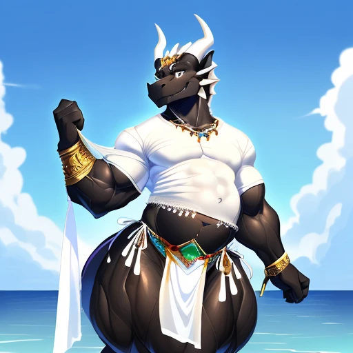 hi res,(((dragon, furry))), ( dark color body ), anthro, , , ((((long loincloth)))), ((((lingerie bikini, s\ex\y bikini, side-tie panties, tiny black thong)))), (((( male,  , anthro, slim, skinny, )))), male, , anthro, , slim, Skinny, tail, adults, mature, (((male))), (((((((((solo))))))))) outside, plant, standing, sea, tree, (water), detailed background,by milkytiger1145,by takemoto arashi,by null-ghost, cold atmosphere, open smile, soft  blush, , (((((((((((wearing white tshirts))))))))))), (((((((((muscular thighs, thick thighs, wide hips))))))))), (((((golden accessory, loincloth accessory, loincloth jewelry, jewels and ornaments for loincloth, s\ex\y loincloth, belly dancer outfit, long pelvic curtain, narrow loincloth)))))