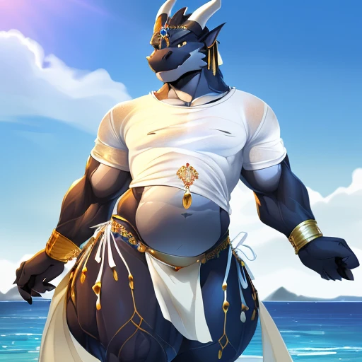 hi res,(((dragon, furry))), ( dark color body ), anthro, , , ((((long loincloth)))), ((((lingerie bikini, s\ex\y bikini, side-tie panties, tiny black thong)))), (((( male,  , anthro, slim, skinny, )))), male, , anthro, , slim, Skinny, tail, adults, mature, (((male))), (((((((((solo))))))))) outside, plant, standing, sea, tree, (water), detailed background,by milkytiger1145,by takemoto arashi,by null-ghost, cold atmosphere, open smile, soft  blush, , (((((((((((wearing white tshirts))))))))))), (((((((((muscular thighs, thick thighs, wide hips))))))))), (((((golden accessory, loincloth accessory, loincloth jewelry, jewels and ornaments for loincloth, s\ex\y loincloth, belly dancer outfit, long pelvic curtain, narrow loincloth)))))