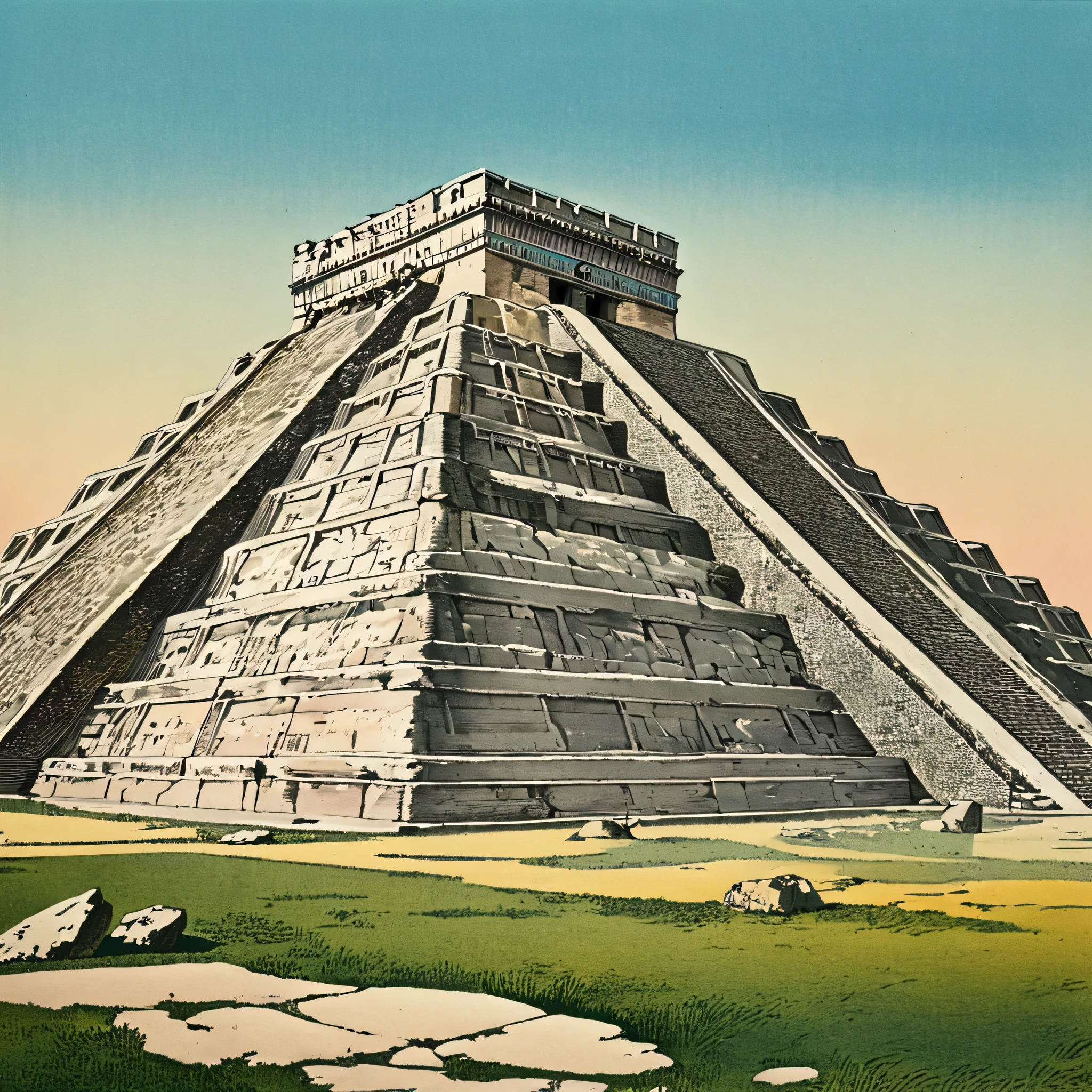 illustrations of ancient buildings with colored images