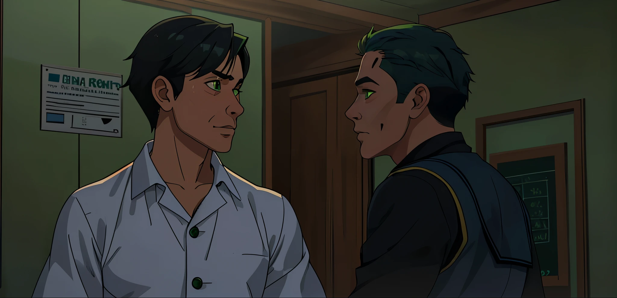 There is a 16-year-old boy with green hair, green eyes, and a 40-year-old man from the school who threatens him and intimidates him.