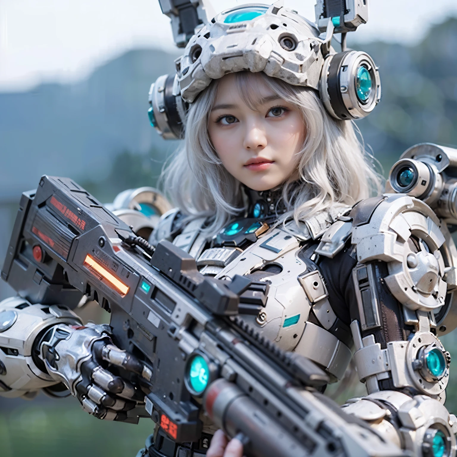 (masterpiece, best quality:1.2), (8k uhd, 16k, 32k, ultra high res), (photorealistic:1.37), (RAW photo), ultimate-realistic, ultimate-realistic details, ultimate-realistic texture, ultimate-intricate details, ultimate-realistic lighting, ultimate-realistic shadow, japanese girl, ultimate-cute face, ultimate-RAW skin, ultimate-realistic eyes, woman in powered suit, cannon mounted on shoulder, very cute face, mechanical, extremely intricate details, full body shot, ultimate photorealistic, clear stream