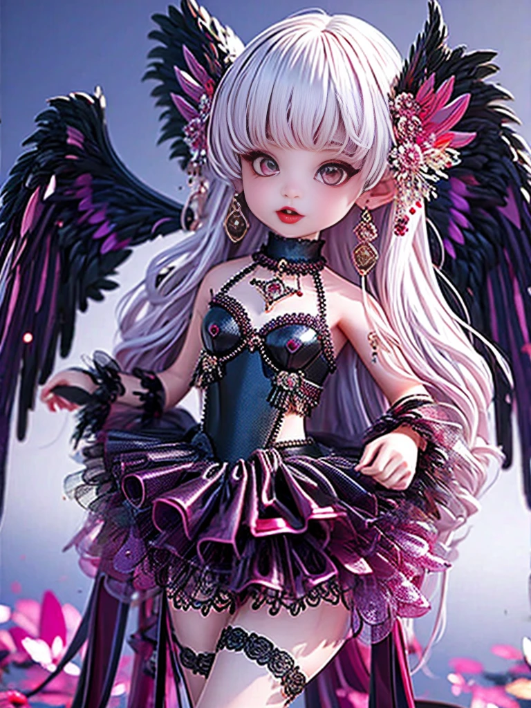 (masterpiece, best quality:1.2), 1 Girl, solo, White hair, Black Wings, wearing purple clothes, Decorated with pink hardware, anime style character, (whole body:1.3), Various postures, Black rainbow foil and dark purple gradient effect, It has exquisite details, Ultra-clear resolution, And cute cartoon characters
