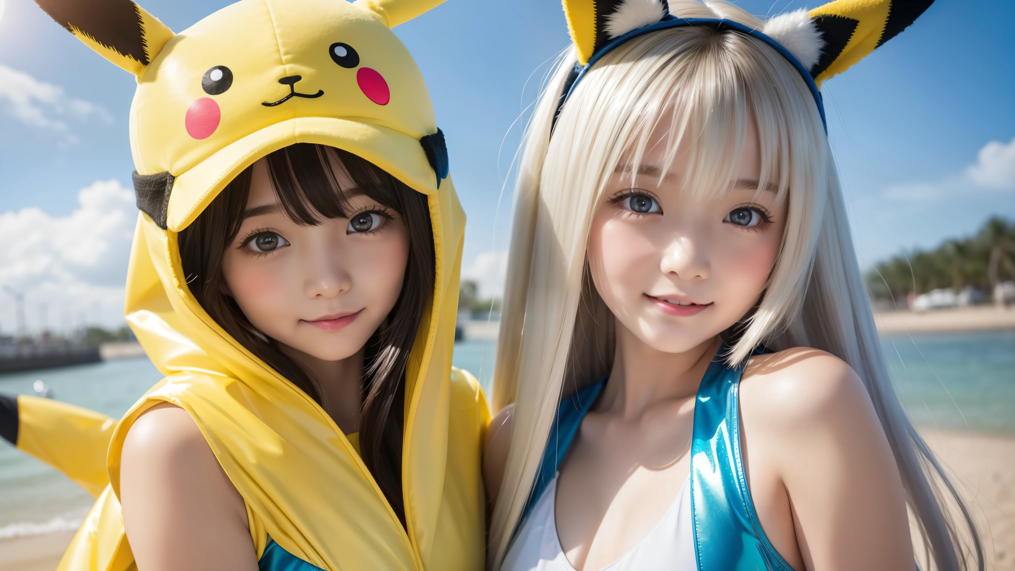 pikachu costume,Shiny and transparent white skin、Windy hair disturbs your cute face、giant、 cute sexy little beautiful face、Beautiful straight hair that stands out、spectacular, beautiful azure eyes with bright、Long soft bangs that cover cute eyes, sexy face hiding hair super long hair sexy cute young women long natural blonde shiny shiny hair,smile,