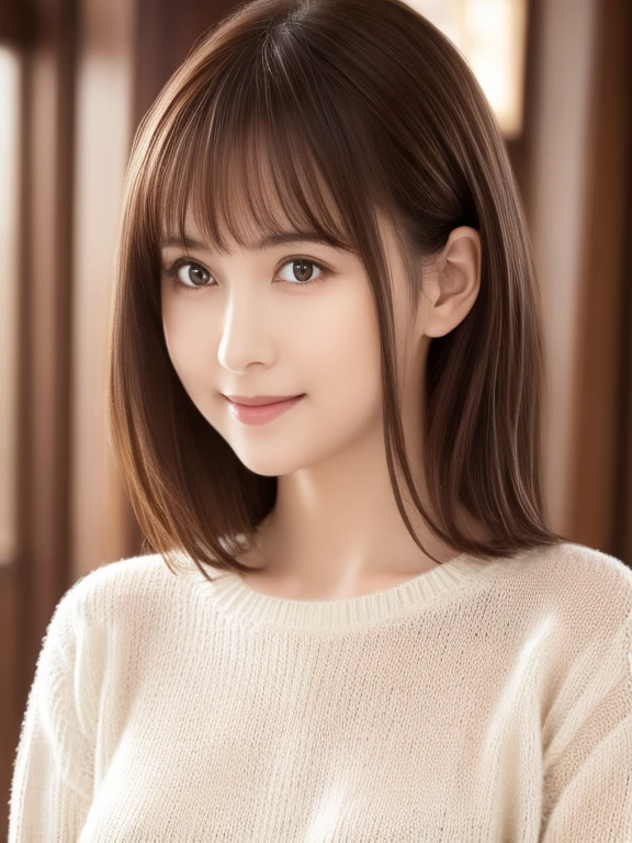 1 girl,(ivory sweater:1.4),, (RAW Photos, highest quality), (Realistic, Photorealistic:1.4), Tabletop, Very delicate and beautiful, Very detailed, 8k wallpaper, wonderful, finely, Very detailed CG Unity, High resolution, Soft Light, Beautiful and detailed 29 year old girl, Very detailed目と顔, Beautiful and detailed nose, finelyて美しい目,City lights during the day,Perfect Anatomy,Slender body,smile  (Asymmetrical bangs, Light brown hair,)cherry blossoms