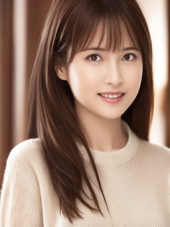 1 girl,(ivory sweater:1.4),, (RAW Photos, highest quality), (Realistic, Photorealistic:1.4), Tabletop, Very delicate and beautiful, Very detailed, 8k wallpaper, wonderful, finely, Very detailed CG Unity, High resolution, Soft Light, Beautiful and detailed 29 year old girl, Very detailed目と顔, Beautiful and detailed nose, finelyて美しい目,City lights during the day,Perfect Anatomy,Slender body,smile  (Asymmetrical bangs, Light brown hair,)cherry blossoms