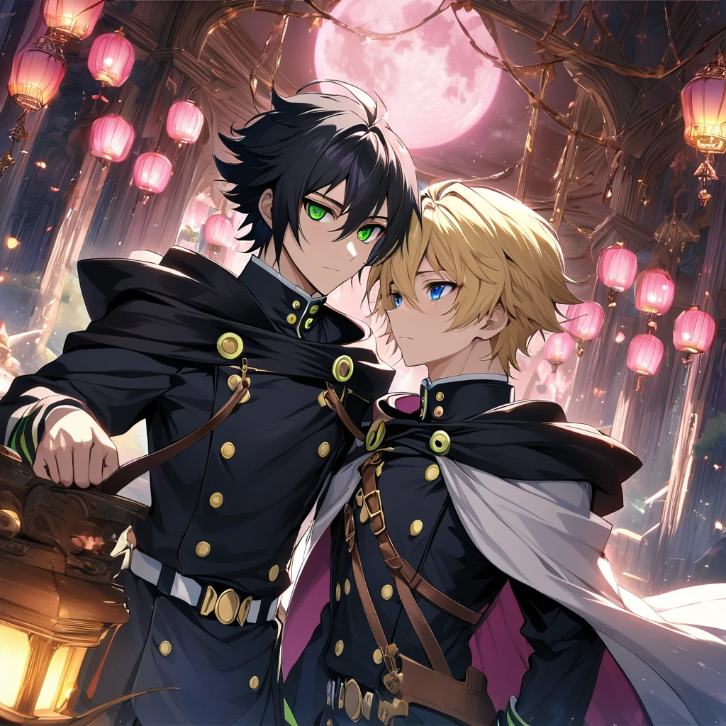 absurdres, highres, ultra detailed, HDR, masterpiece, extremely detailed face and eyes, beautiful eyes, amazing detailed eyes, extremely detailed features, Hyakuya Mika, blond short hair, expressive blue eyes, Owari No Seraph, Hyakuya Yu, black short hair, expressive green eyes, two men together, gay couple, handsome, fantasy world, pink roses, pink curtains, shining pink lanterns, chandelier, sky, pink moon, white and black clothes, black and white cape, patterns