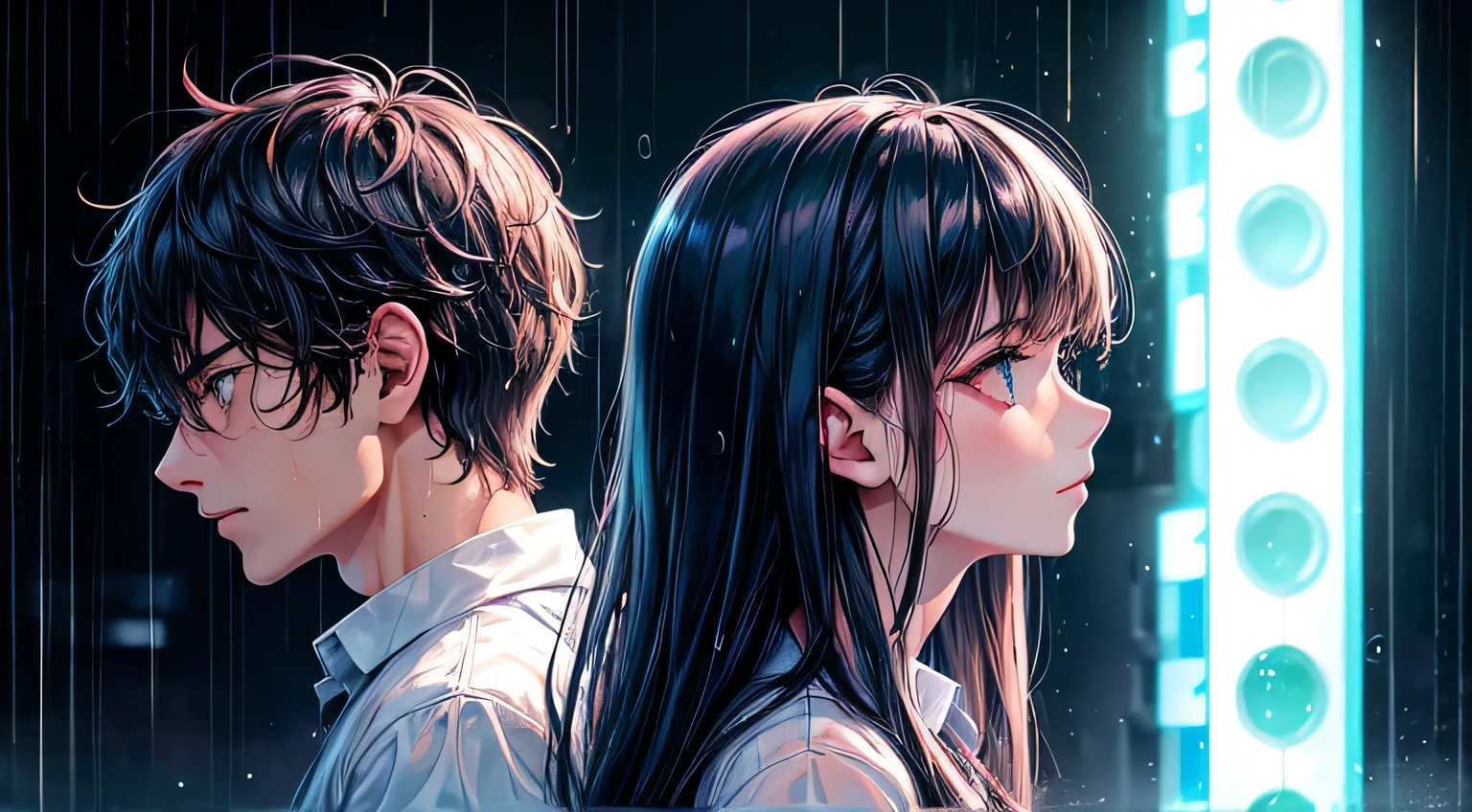 A man and a woman back to back in the rain, neon lights, raindrops, rain soaked hair, perfect facial expression, perfect hair description.