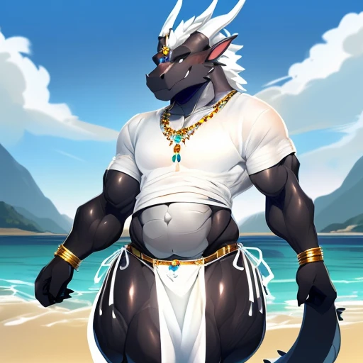 hi res,(((dragon, furry))), ( dark color body ), anthro, , , ((((long loincloth)))), ((((lingerie bikini, s\ex\y bikini, side-tie panties, tiny black thong)))), (((( male, thin , anthro, slim, skinny, )))), male, , anthro, , slim, Skinny, tail, adults, mature, (((male))), (((((((((solo))))))))) outside, plant, standing, sea, tree, (water), detailed background,by milkytiger1145,by takemoto arashi,by null-ghost, cold atmosphere, open smile, soft  blush, , (((((((((((wearing white tshirts))))))))))), (((((((((muscular thighs, thick thighs, wide hips))))))))), (((((golden accessory, loincloth accessory, loincloth jewelry, jewels and ornaments for loincloth, s\ex\y loincloth, belly dancer outfit, long pelvic curtain, narrow loincloth)))))