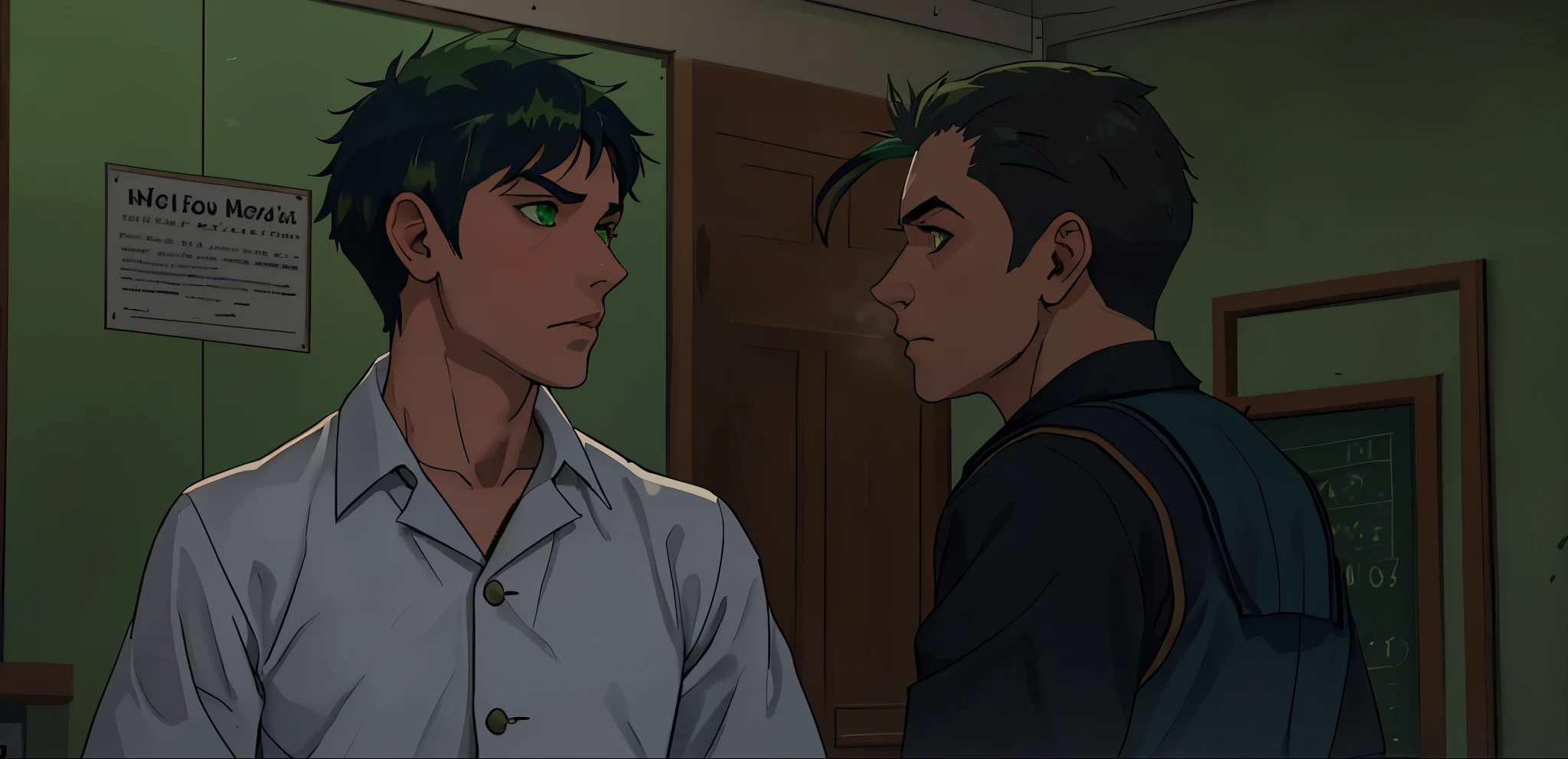 There is a 16-year-old boy with green hair, green eyes, and a 40-year-old man from the school who threatens him and intimidates him.