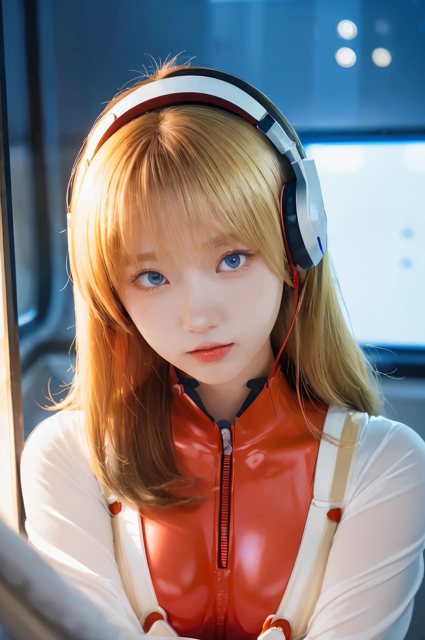 (Overhead view),dynamic angle,ultra-detailed, illustration, close-up, straight on, 1girl, 
 ((souryuu asuka langley, interface headset, red bodysuit:1.4, blonde)),Her eyes shone like dreamy stars,(glowing eyes:1.233),(beautiful and detailed eyes:1.1),(expressionless,closed mouth),(standing), 
(mechanic room with toolsand spaceship windowin a white SPACESHIP),
(night:1.2),dreamy, [[delicate fingers and hands:0.55]::0.85],(detail fingers),