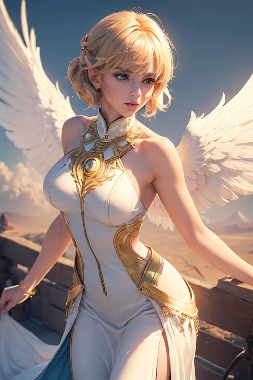 (master piece:1.8), (best quality:1.8), (exquisite lighting and shadow, highly dramatic picture, cinematic lens effect) 8k, wallpaper, looking at the viewer, open arms, female very short gold hair thin and tall fantasy angel lady wearing a smooth and futuristic white dress with gold ornaments and gold lines, thin waist, hips, white angel wings, serious look in the eyes, beautiful blue eyes, beautiful lips, shiny sun behind, clouds and sky background, ethereal lightning, sharp focus