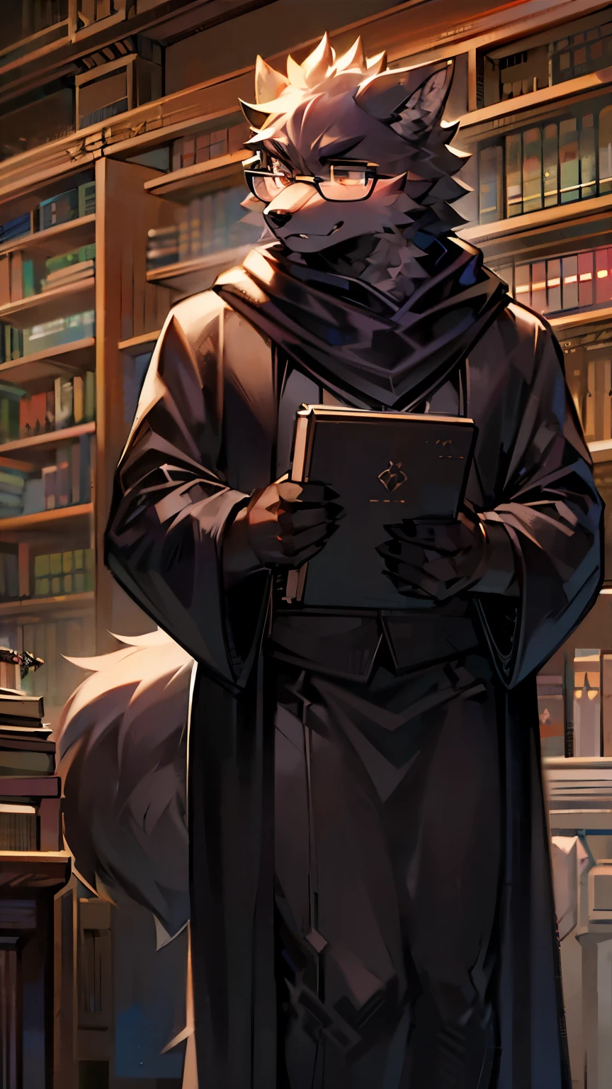 A wolf orc,Solid black fur,Furry Characters,wearing glasses,Learned,In the library,Black shawl,Black loose clothing,whole body,Two-dimensional cuteness,front,plain expression,Mature,Cool colors。