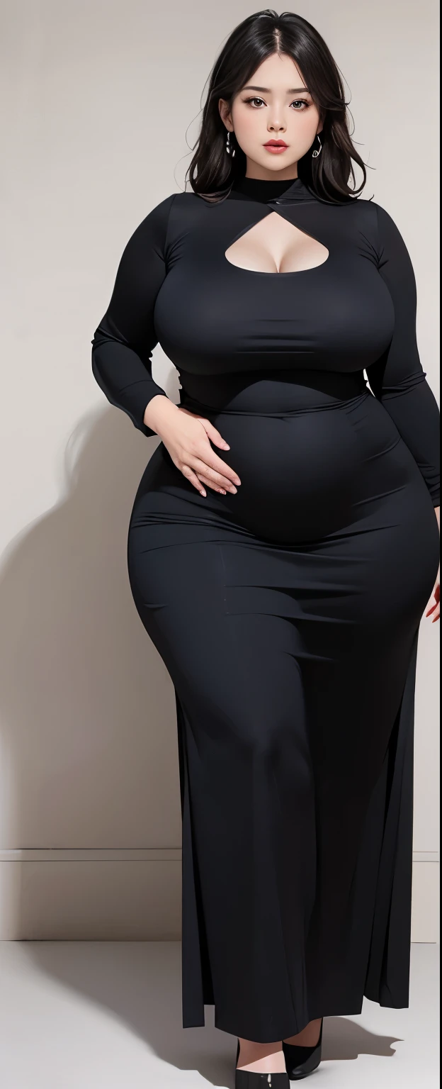 Chubby woman with fat belly and tight thighs, full body, 50-year-old mature woman, thick hips, thick neck, thick chest, big eyes, wearing a longest dress