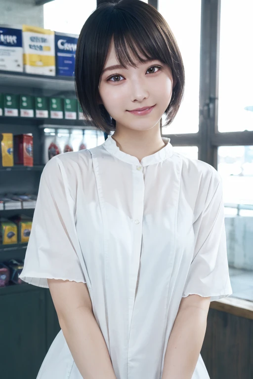 ((Tabletop)), ((highest quality)), (Very detailedな), ((Very detailed)), 4K, (8k), highest quality, (beautiful), Gradation, (Tabletop, highest quality:1.2), 8k, 18-year-old, 85mm, Official Art, RAW Photos, Absurd, White dress shirt, Pretty face, close, Upper Body, Violet, Gardenias, beautiful Girl, Shirt with holes, Cinch waist, Thighs Thighs Thighs Thighs, Short sleeve, huge , Black short hair、Inside a convenience store, View your viewers, No makeup, (smile), Film Grain, chromatic aberration, Sharp focus, Face Light, Bright lighting, , Detailed face, Bokeh Background, Medium chest