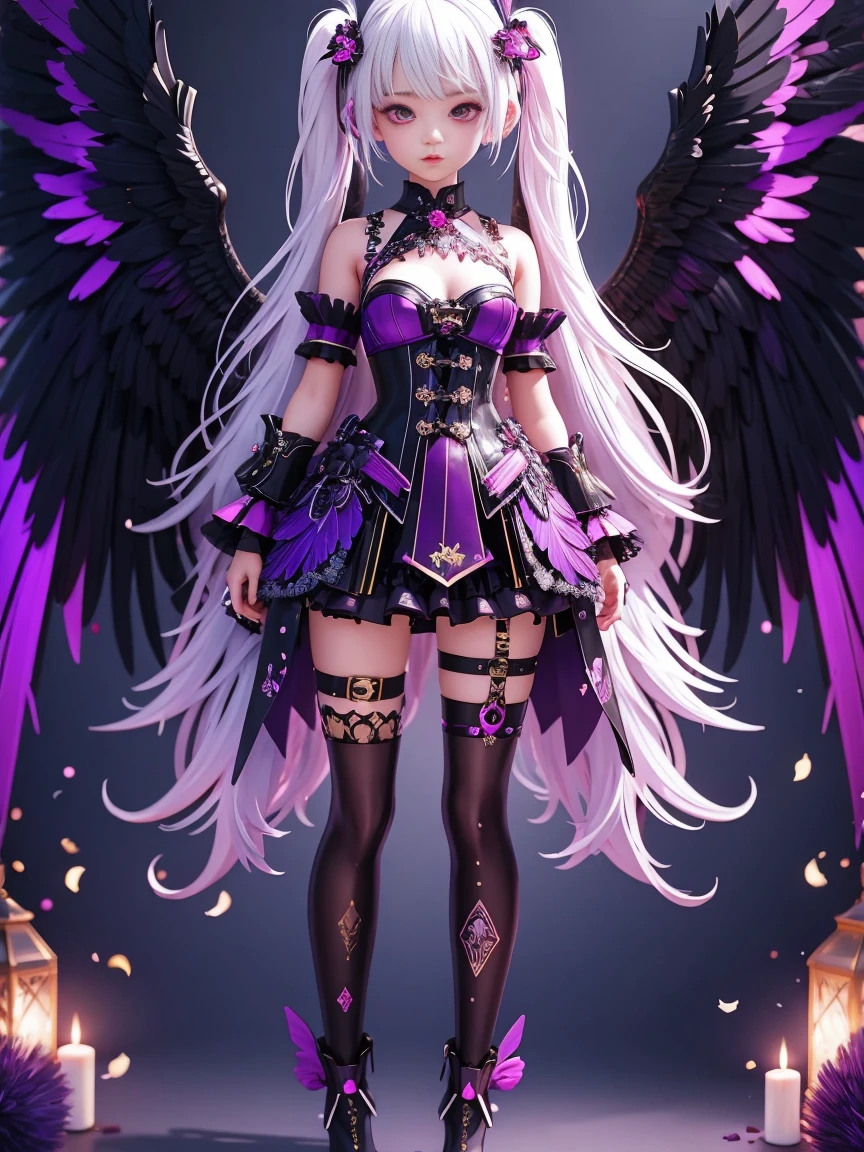 (masterpiece, best quality:1.2), 1 Girl, solo, White hair, Black Wings, wearing purple clothes, Decorated with pink hardware, anime style character, (whole body:1.3), Various postures, Black rainbow foil and dark purple gradient effect, It has exquisite details, Ultra-clear resolution, And cute cartoon characters