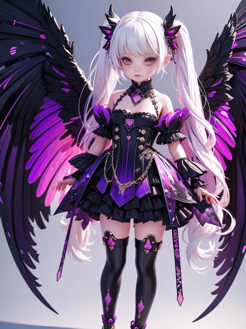 (masterpiece, best quality:1.2), 1 Girl, solo, White hair, Black Wings, wearing purple clothes, Decorated with pink hardware, anime style character, (whole body:1.3), Various postures, Black rainbow foil and dark purple gradient effect, It has exquisite details, Ultra-clear resolution, And cute cartoon characters