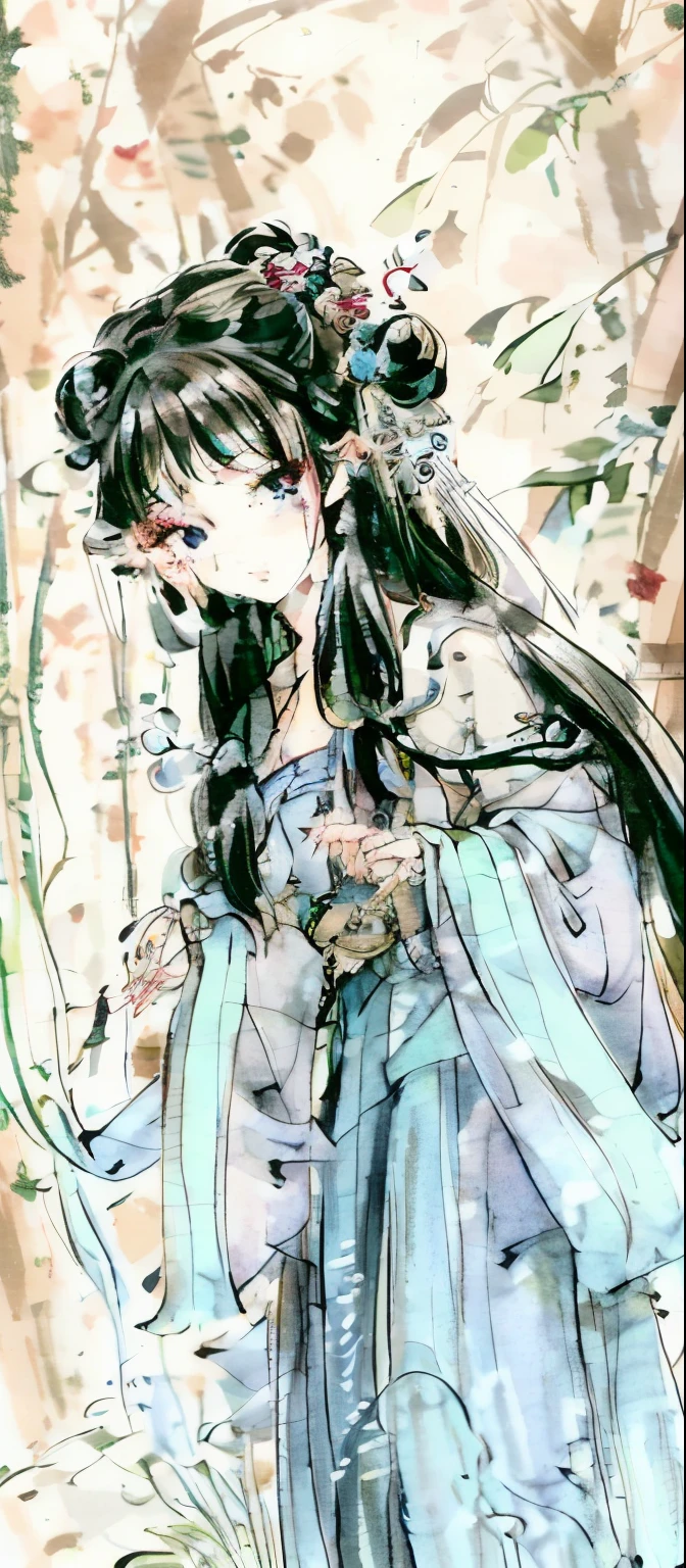 masterpiece, best quality, official art, 8k wallpaper, highly detailed, illustration, 1 girl, Azure hair, long hair, detailed eyes, forrest, bare shoulders, hanfu,lakes, pure, soft smile,bamboo,Tea