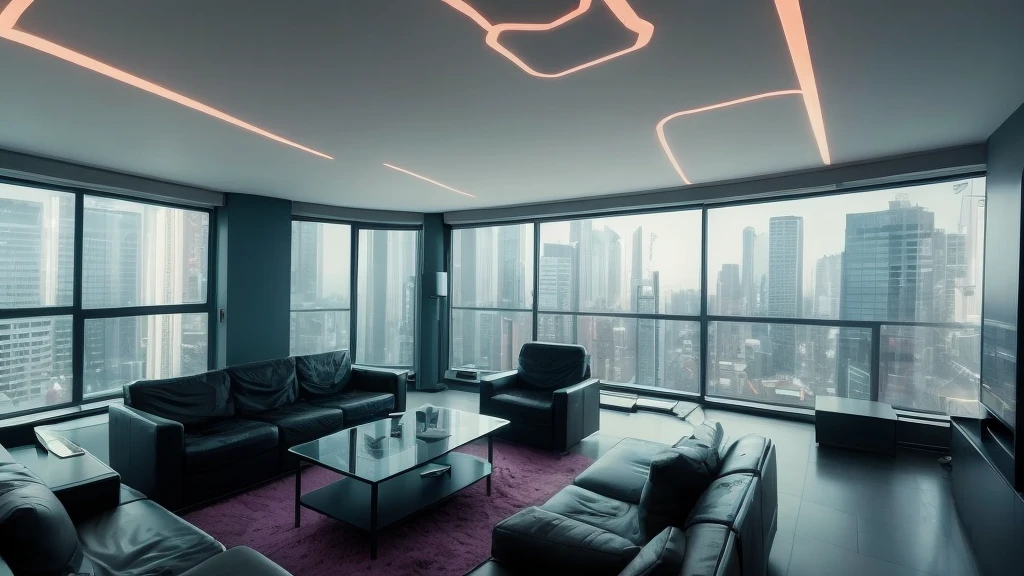 The apartment is immersed in a bluish gloom, illuminated only by the spectral light of holographic screens that flash in vivid colors. The living room is decorated with ultra-modern design furniture, but worn down by time and relentless urban life.