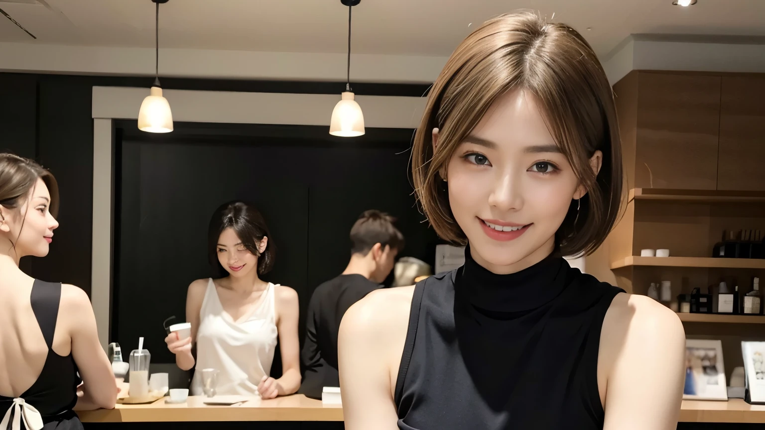 super high quality, Fashion Model, Short Hair, Slender, Gravure photoshoot, The staff is working at the counter in the back., (8k、RAW Photos、highest quality、masterpiece:1.2), Shaggy, (Realistic、Photorealistic:1.37), Mesh Hair, Normal chest, Golden Ratio, Raw photo, Cute face , Light Brown Hair, tight knit dress, Blurred Background, beauty salon model, Spring Clothes, Cafe with a calm atmosphere, Well-designed furniture, Watching the audience, Beautiful hairstyle, Spoiled, Smile, 30 years old, Cool older sister,