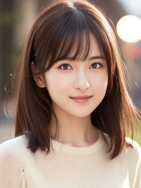 1 girl,(ivory sweater:1.4),, (RAW Photos, highest quality), (Realistic, Photorealistic:1.4), Tabletop, Very delicate and beautiful, Very detailed, 8k wallpaper, wonderful, finely, Very detailed CG Unity, High resolution, Soft Light, Beautiful and detailed 29 year old girl, Very detailed目と顔, Beautiful and detailed nose, finelyて美しい目,City lights during the day,Perfect Anatomy,Slender body,smile (Asymmetrical bangs, Light brown hair,)cherry blossoms