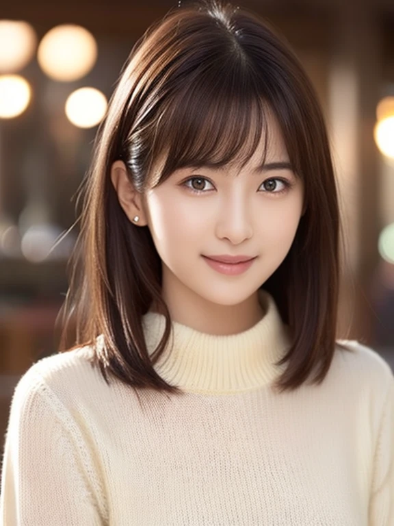 1 girl,(ivory sweater:1.4),, (RAW Photos, highest quality), (Realistic, Photorealistic:1.4), Tabletop, Very delicate and beautiful, Very detailed, 8k wallpaper, wonderful, finely, Very detailed CG Unity, High resolution, Soft Light, Beautiful and detailed 29 year old girl, Very detailed目と顔, Beautiful and detailed nose, finelyて美しい目,City lights during the day,Perfect Anatomy,Slender body,smile (Asymmetrical bangs, Light brown hair,)cherry blossoms